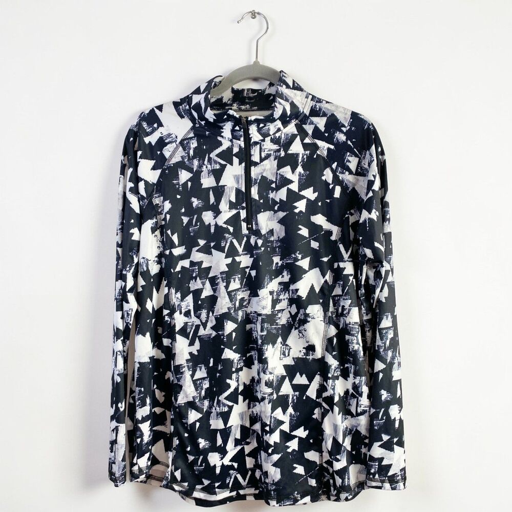 Activewear 1/4 Zip Pullover XL Plus Geometric Triangle Print Black White NWOT